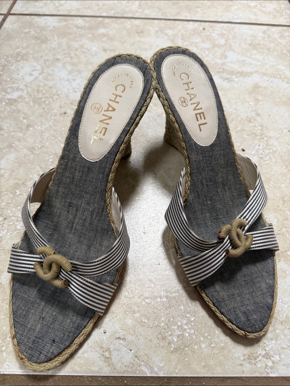 CHANEL Gray Striped Bow Espadrille Wedge Sandals
